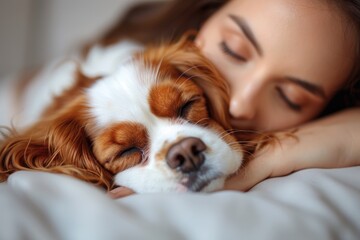 Woman hugging brown and white dog