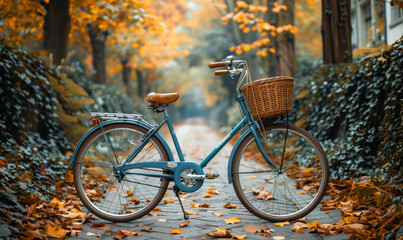 Fototapeta premium Retro Vintage Bicycle Basket Urban Street Scene - Stylish Lifestyle Bike Transportation Nostalgia Photography