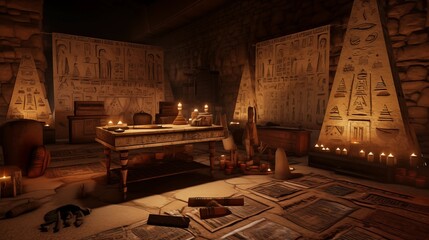 Treasure of ancient egypt close-view. Image of inside an ancient Egyptian pyramid, with various artifacts on the ground and heliographs on the walls.