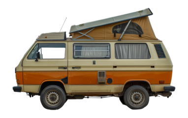 Retro orange camper van with pop-up, cut out - stock png.