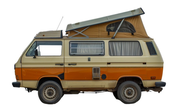Retro orange camper van with pop-up, cut out - stock png.