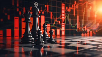  A strategic duel on a chessboard, with the drama of stock market graphs providing a compelling background narrative