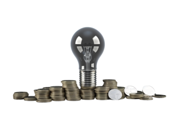 Illuminating Wealth: A Light Bulb Atop a Pile of Coins. On a White or Clear Surface PNG Transparent Background.