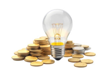 Illuminating Wealth: A Bright Idea on a Bed of Coins. On a White or Clear Surface PNG Transparent Background.