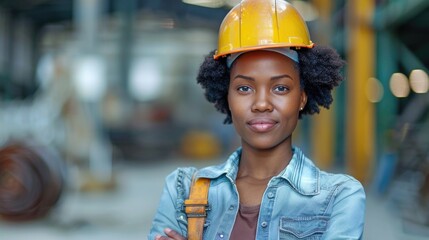 Woman builder in hard hat in warehouse
