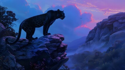 A svelte panther perched gracefully atop a rocky outcrop at dusk, 4k wallpaper