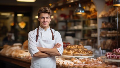 Man standing in front of a display of pastries