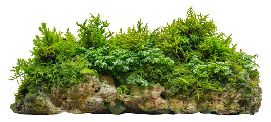 Green moss and ferns on rocky surface, cut out - stock png.