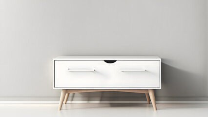 A white wooden table with two drawers sits in a room with a white wall