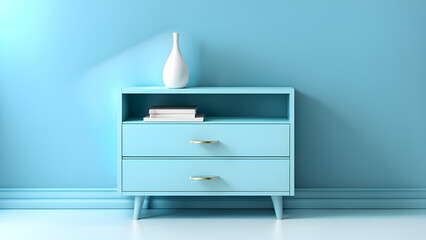 A blue dresser with a white vase on top of it
