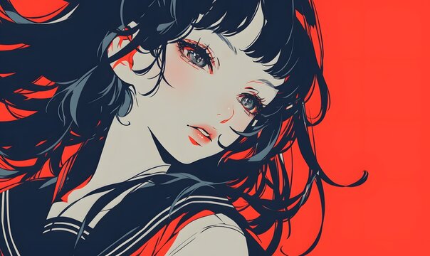 anime style. Beautiful girl wearing a sailor suit on a simple one color background, Generative AI 