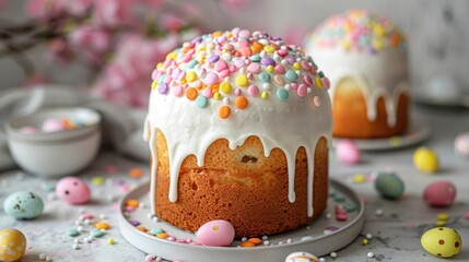 Bundt cake with white icing and sprinkles