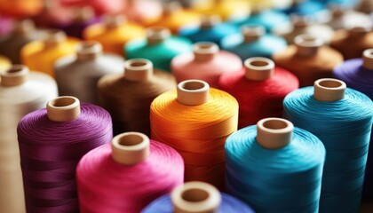 Many spools of colorful thread in a row