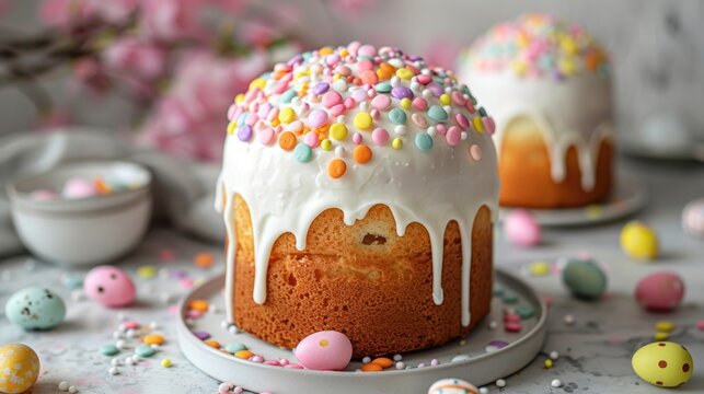 Bundt cake with white icing and sprinkles