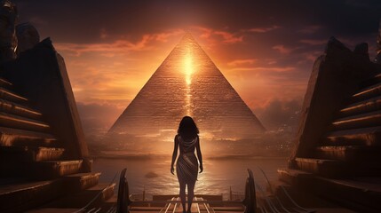 View from the back, egyptian woman queen standing inside the Pyramid. Fantasy background.