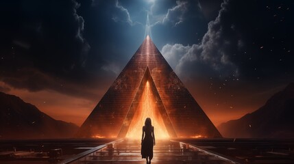 View from the back, egyptian woman queen standing inside the Pyramid. Fantasy background.