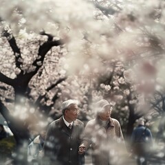Obraz premium An elderly Asian couple walking in a blooming cherry blossom park, the flowers gently blurred around them.