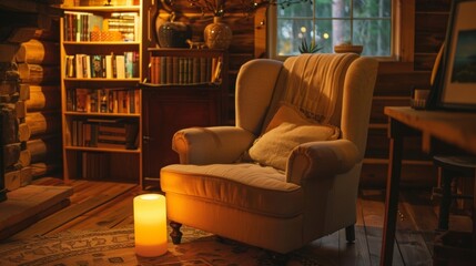 The cozy armchair in the corner is lit up by a large candle providing the perfect spot for reflection and brainstorming. 2d flat cartoon.