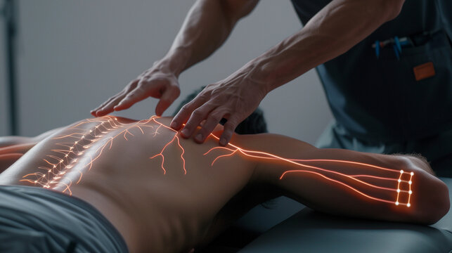 treatment of back pain neurography. correction of curvature in the spine. the work of a chiropractor Kinesiologist neurologist. 