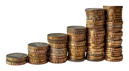 Stacked euro coins increasing in height, cut out - stock png.