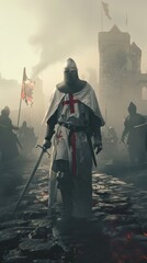 Knights Templar their path lit by the cross in the soft light of sunset