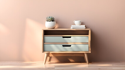 A wooden nightstand with two drawers sits in front of a wall