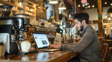 Man working on laptop at a cafe counter