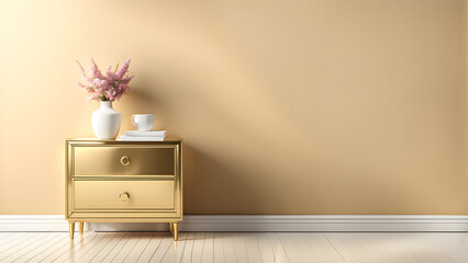 A gold dresser with a white vase of flowers on top of it