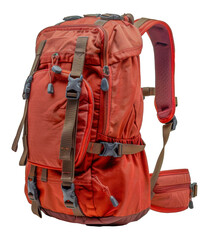 Red travel backpack with adjustable straps, cut out - stock png.