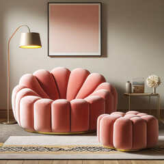 A cozy and modern living room interior featuring a large pink plush armchair and a matching smaller ottoman in a rich coral pink color