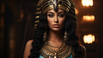 Young beautiful woman in the image of an ancient Egyptian queen on a dark background.