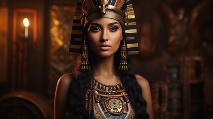 Young beautiful woman in the image of an ancient Egyptian queen on a dark background.