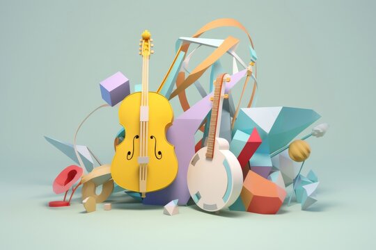An eclectic arrangement of various musical instruments including a banjo