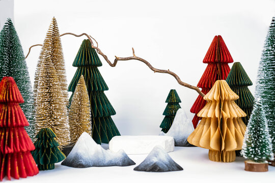 Christmas-themed desktop photo zone on a white background, side view