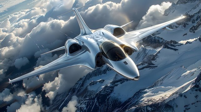 Futuristic High Tech Fighter Jet Soaring Through Clouds Showcasing Advanced Aviation Technology