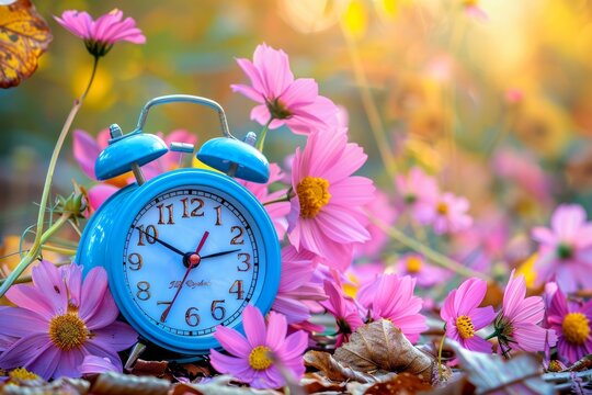 Summer to fall transition alarm clock with flowers and autumn leaves as daylight saving time ends