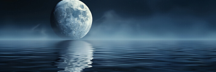 Moon background Moon background panoramic view,reflective moment with the moon's serene surface mirrored in a calm body of water