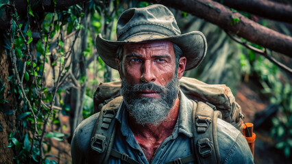 Obraz premium Imagine a guy exploring the woods on foot. 