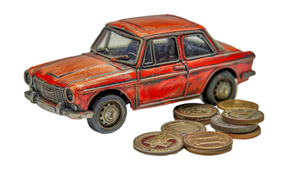 Classic red vintage toy car with coins, cut out - stock png.