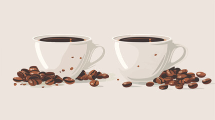 Cups with beans and hot espresso on light background