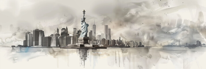 The Statue of Liberty and New York City ,New York cityscape, illustrating the timeless allure of this historic landmark