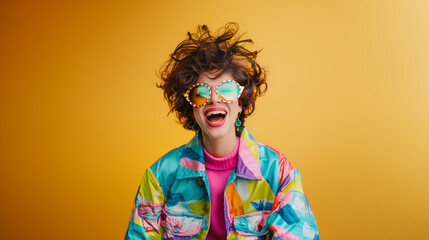 Very happy woman wearing colorful clothes and big glasses celebrating and smiling on a plain background