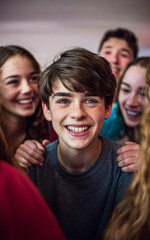 Fototapeta premium View a portrait capturing a teenager enjoying a laugh with friends. 