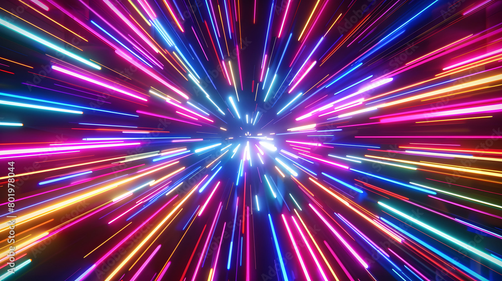 Poster neon lines converging in a psychedelic explosion of color 3d style isolated flying objects memphis s