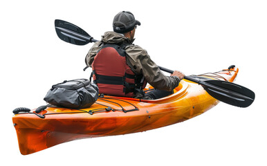 Man kayaking in orange kayak with paddles, cut out - stock png.