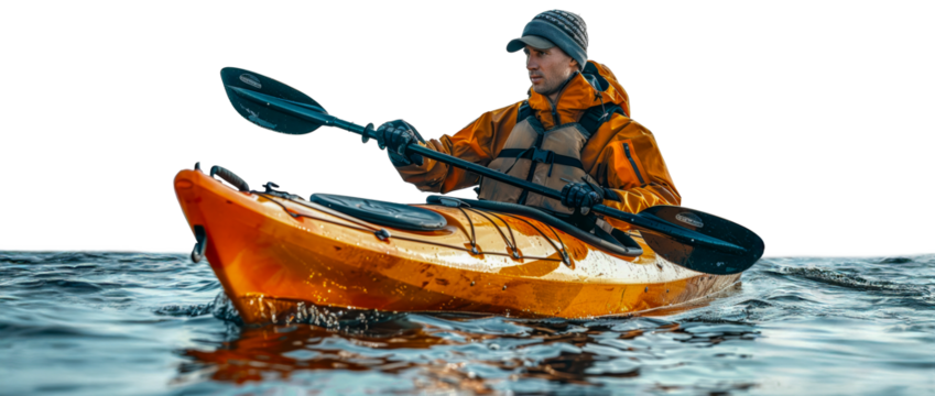 Paddler in action on orange kayak in water, cut out - stock png.