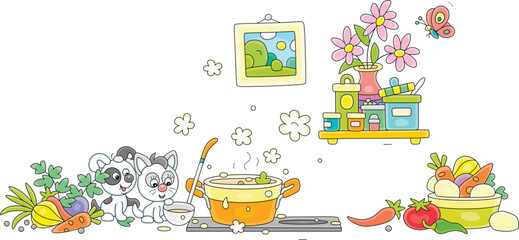 Funny little puppy and kitten tasting an appetizing soup with vegetables and spices cooking in a pan on a stove plate in a cozy kitchen decorated with summer flowers and pictures, vector cartoon