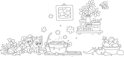Funny little puppy and kitten tasting an appetizing soup with vegetables and spices cooking in a pan on a stove plate in a cozy kitchen decorated with summer flowers and pictures, vector cartoon