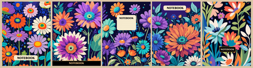 Set of notebook cover hand drawn floral designs. Abstract retro botanical background for notebooks, planners, brochures, books, catalogs template. Groovy hippie retro 90s, 70s vector illustrations.