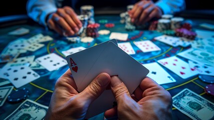 Intense poker game in action, players hands with cards, chips on table. High stakes casino card game moment captured in vibrant style. Focus on strategy and risk in gambling. AI